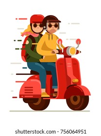 Hipster jovem casal andando scooter vermelho moto em estilo plano vetorial ilustração