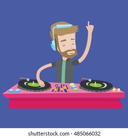 A hipster young DJ with the beard mixing music on turntables. DJ playing and mixing music on deck. Caucasian DJ wearing headphones at the party. Vector flat design illustration. Square layout.