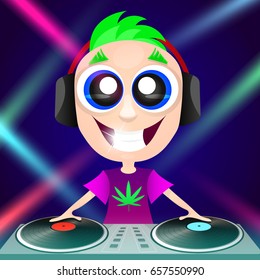 Hipster young DJ with mixing music on turntables.