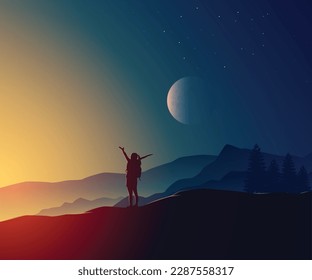 Hipster young girl with backpack enjoying sunset. Sunset vector illustration