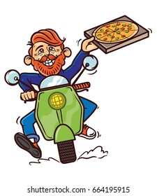 Hipster young happy cute man motorbike drive fast speed scooter delivery food eat pizza street food. Vector modern style illustration cartoon character isolated white background pizza delivery concept