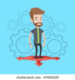 A hipster young man with the beard standing on three alternative ways on a blue background with cogwheels. Concept of career choices. Vector flat design illustration. Square layout.