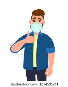 Hipster Young Man Covering Face With Medical Mask And Showing Thumbs Up Symbol. Person Wearing Hygienic Facial Protection And Gesturing Success Sign. Male Character Cartoon Illustration In Vector.