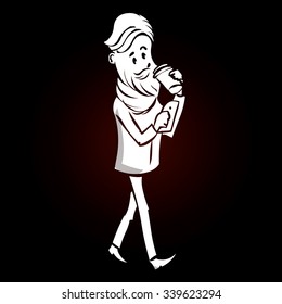 Hipster young man drinking coffee outdoor. Hand drawn cartoon vector illustration.