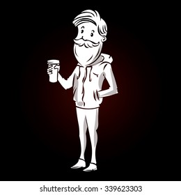 Hipster young man drinking coffee outdoor. Hand drawn cartoon vector illustration.