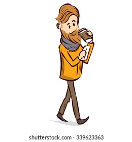 Hipster young man drinking coffee outdoor. Hand drawn cartoon vector illustration.