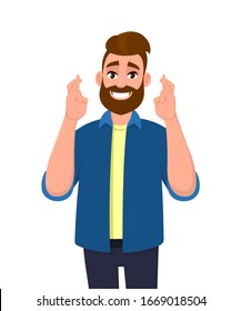 Hipster young man showing hopeful gesture sign with fingers crossed. Trendy bearded person making believe or wish symbol with hands. Male character illustration. Modern lifestyle concept in vector.