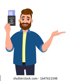 Hipster young man showing passport tickets and presenting hand to copy space. Trendy person pointing, gesturing to introduce something. Male holding boarding pass. Cartoon illustration in vector style