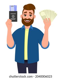 Hipster young man showing passport with tickets and cash, money. Trendy bearded person holding a boarding pass and currency notes in hand. Male character design illustration in vector cartoon style.