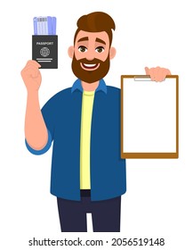 Hipster Young Man Showing Passport With Tickets And Blank Clipboard. Bearded Person Holding A Boarding Pass And Checklist, Report Or Document. Male Character Illustration In Vector Cartoon Style.