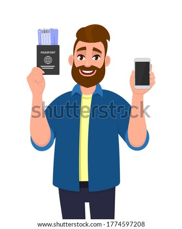 Hipster young man showing passport with tickets and blank screen phone. Trendy bearded person holding boarding pass and mobile, cell or smartphone. Male cartoon illustration design in vector style.