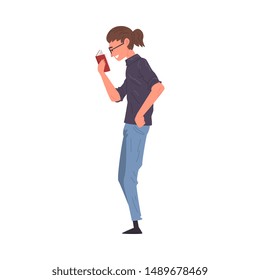 Hipster Young Man Standing and Reading Book Vector Illustration