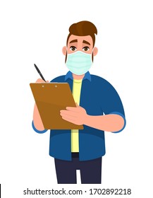 Hipster Young Man Wearing Medical Mask And Writing On Clipboard. Trendy Person Covering Face Protection From Virus Disease. Male Character Holding Report Or Document. Cartoon Illustration In Vector.