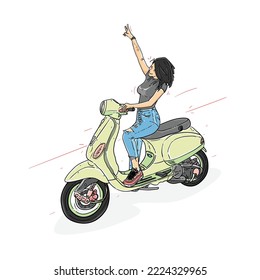 Hipster young woman character riding modern scooter, isolated, Urban modern lifestyle abstract illustration Vector modern design