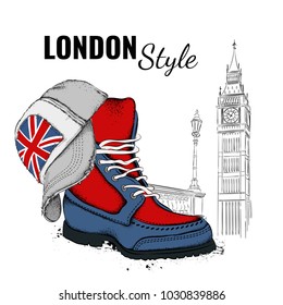 Hipster youth shoes and cap. London landscape with big ben. Vector illustration