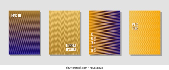 Hipster zig zag banner templates, wavy lines gradient stripes backgrounds for educational cover. Curve shapes stripes, zig zag edge lines halftone texture gradient catalog covers collection.