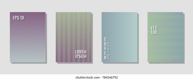 Hipster zig zag banner templates, wavy lines gradient stripes backgrounds for scientific cover. Curve shapes stripes, zig zag edge lines halftone texture gradient banners vector set.