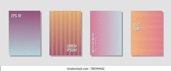 Hipster zig zag banner templates, wavy lines gradient stripes backgrounds for educational cover. Curve shapes stripes, zig zag edge lines halftone texture gradient journal covers collection.