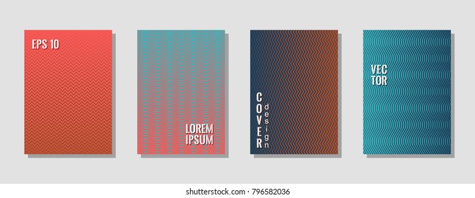 Hipster zig zag lines gradient texture curves background for advertising cover. Wavy stripes and zig zag vector halftone lines texture book covers set in red, blue, brown colors.