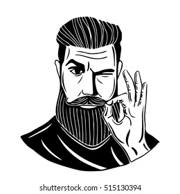 Hipster A bearded man shows gesture Ok  This illustration can be used as print t  shirts   bags  stationary as poster  Vector illustration isolated background 