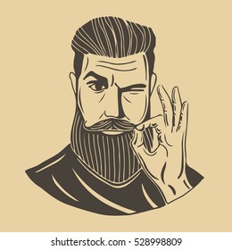 Hipster.A bearded man shows gesture Ok. This illustration can be used as a print on t-shirts and bags, stationary or as a poster.