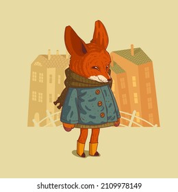 A hipster-girl fox . Vector illustration. Cartoon anthropomorphic fox. Cute humanized warm dressed fennec girl standing against buildings' silhouettes with glad face. Animal character with human body.