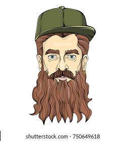 Hipster-looking man with a beard wearing green cap on a white background. Head graphic image. Isolated vector illustration.