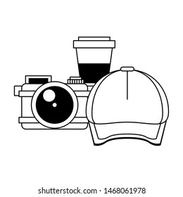 hipsters accessories for the holidays and camera coffee cup with cap isolated symbols Vector design illustration