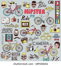 Hipsters and bikes set. Vector illustration.