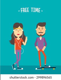 Hipsters couple - boy and girl. Flat illustration. Vector stock.