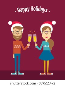 Hipsters couple. Boy and girl with glasses of champagne. Holiday vector illustration flat style for greeting card, poster, banner. 