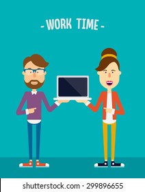 Hipsters couple - boy and girl with laptop. Flat illustration. Vector stock.