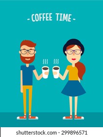 Hipsters couple. Boy and girl with paper cups of coffee. Flat illustration. Vector stock.