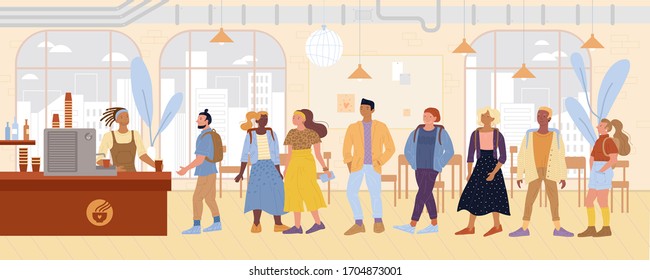 Hipsters, designers, students, young men, women standing in queue to buy drinks, pastries at modern coffee house. Barista at work in refectory, cook shop. Lunch break. Vector flat illustration.