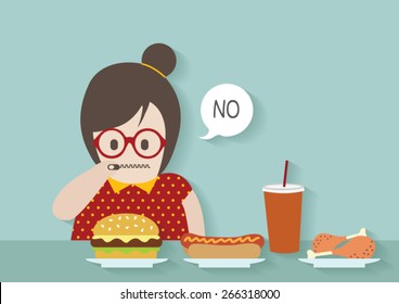 Hipsters Fat Woman Say No To Junk Food Vector Cartoon.