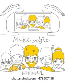 Hipsters friend taking selfie photo. Web banner for promotional material