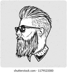 Hipster's head. Black and white illustration. Isolated on light backgrond with grunge noise and frame.
