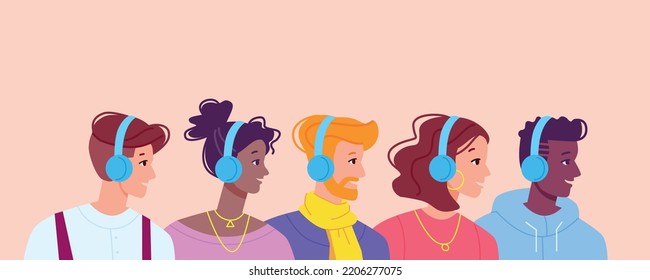 Hipsters listen podcast. Teenagers in headphones listening podcasts radio music audiobook, person happiness face listened audio online media in earphones vector illustration of young music listen