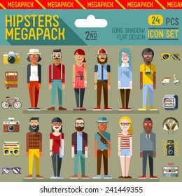 Hipsters megapack. Flat design. Long shadow. Vector illustrations. Icon set 2nd.