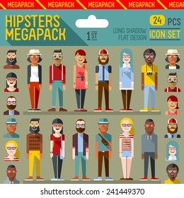 Hipsters megapack. Design plano. Longa sombra. Ilustrações vetoriais. Conjunto de ícones 1.