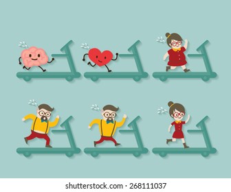 Hipsters people running on treadmill with heart and brain vector cartoon.