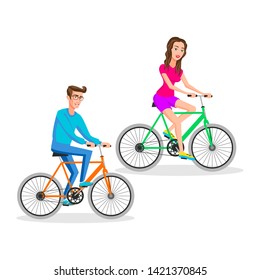 hipsters Woman And Man Riding Bicycle, Bicyclist, Healthy, Vehicle, Sport, Lifestyle. Vector illustration of a flat design