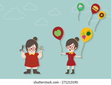 Hipsters women with  balloon vector cartoon.