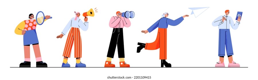 Hire employee and business recruitment concept with people hr managers with megaphone, magnifier, binoculars and candidate cv. Vector flat illustration of workers announce hiring staff