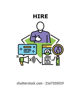 Hire Employee Vector Icon Concept. Recruiter Searching Candidate For Job, Interview And Hire Employee. Recruitment Company Service For Search And Recruit Colleague Manager Color Illustration