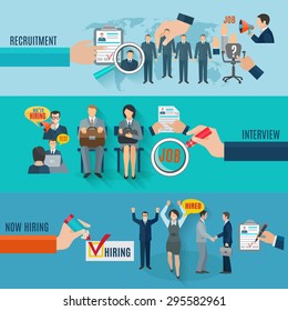 Hire horizontal banner set with recruitment interview flat elements isolated vector illustration