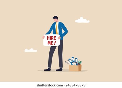 Hire me looking for job, unemployed or layoff employee, candidate searching for new work career, job seeker or applicant find vacancy concept, unemployed businessman holding sign hire me to employer.