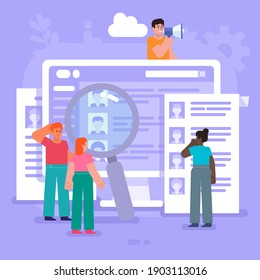 Hire, vacancy, search for new employee. Group of people stand near big screen with employee resume. Modern vector illustration