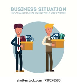 The hired businessman sees off the dismissed employee. Vector, illustration, flat