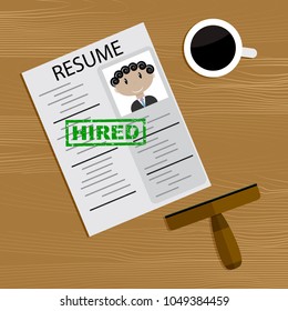 Hired concept top view. Recruitment and document cv top view, application candidate to work. Vector illustration